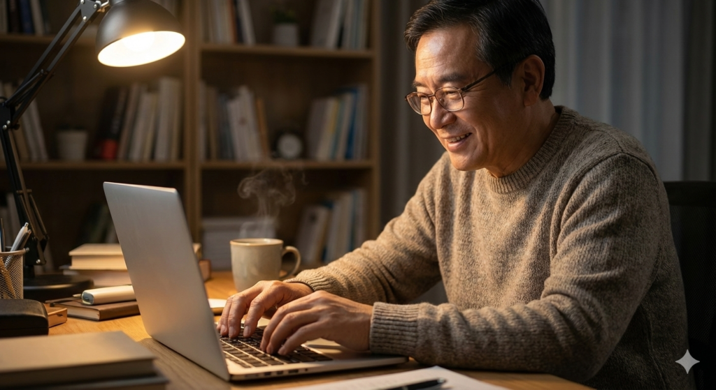 따뜻한 서재 조명 아래, 안경을 쓴 지적인 60대 동양인 남성이 노트북 애드센스 승인 비법 화면을 바라보며 집중해서 타이핑하는 모습.