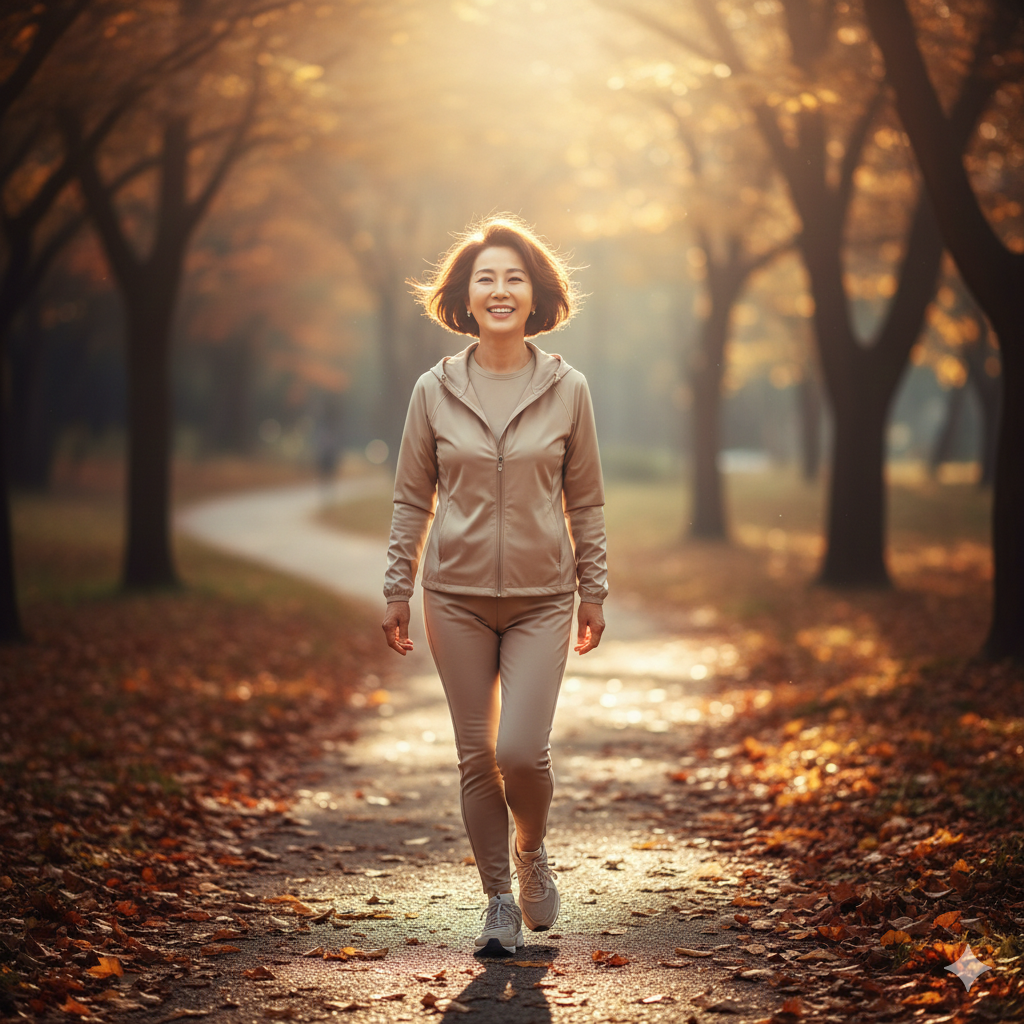 아침 햇살을 받으며 활기차게 걷기 운동을 하는 지적인 60대 건강 관리하는 여성