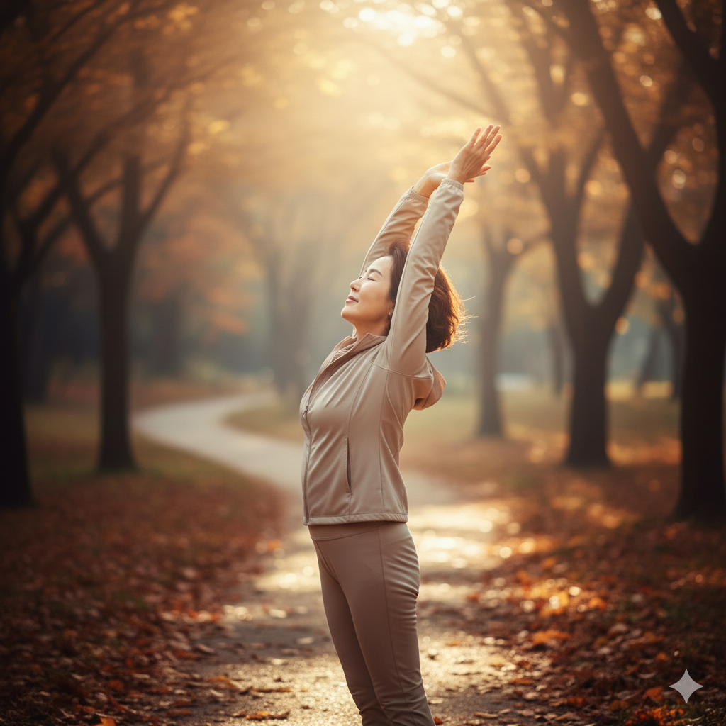 숲 길에서 스트레칭으로 몸을 푸는 60대 건강 관리하는 여성