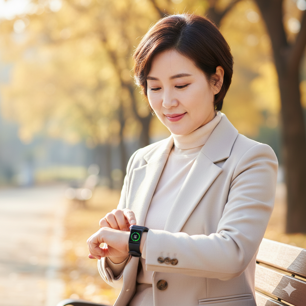 스마트워치로 걷기 기록을 확인하며 흐뭇해하는 60대 여성