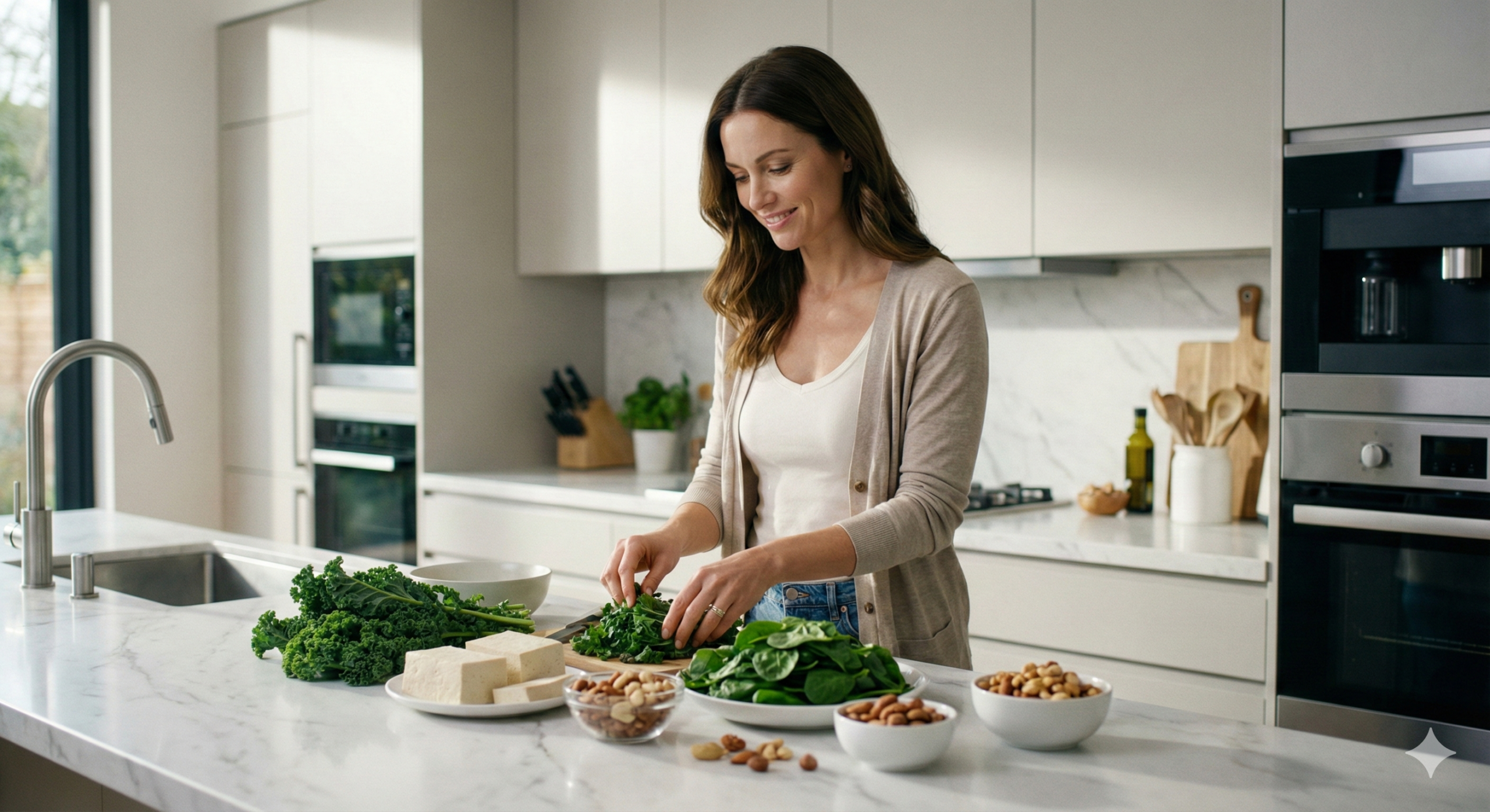 뼈 건강에 좋은 신선한 식재료를 준비하며 미소 짓는 우아한 여성