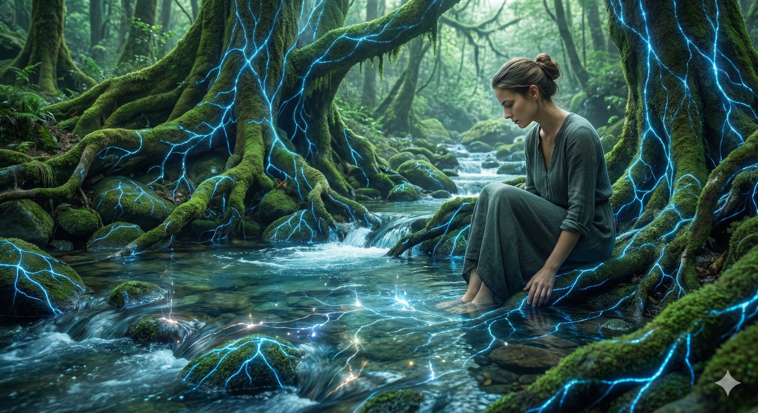 숲속 신경망 같은 계곡물에 손을 담그고 미주신경(장-뇌 축)의 조화를 느끼는 여성 모델