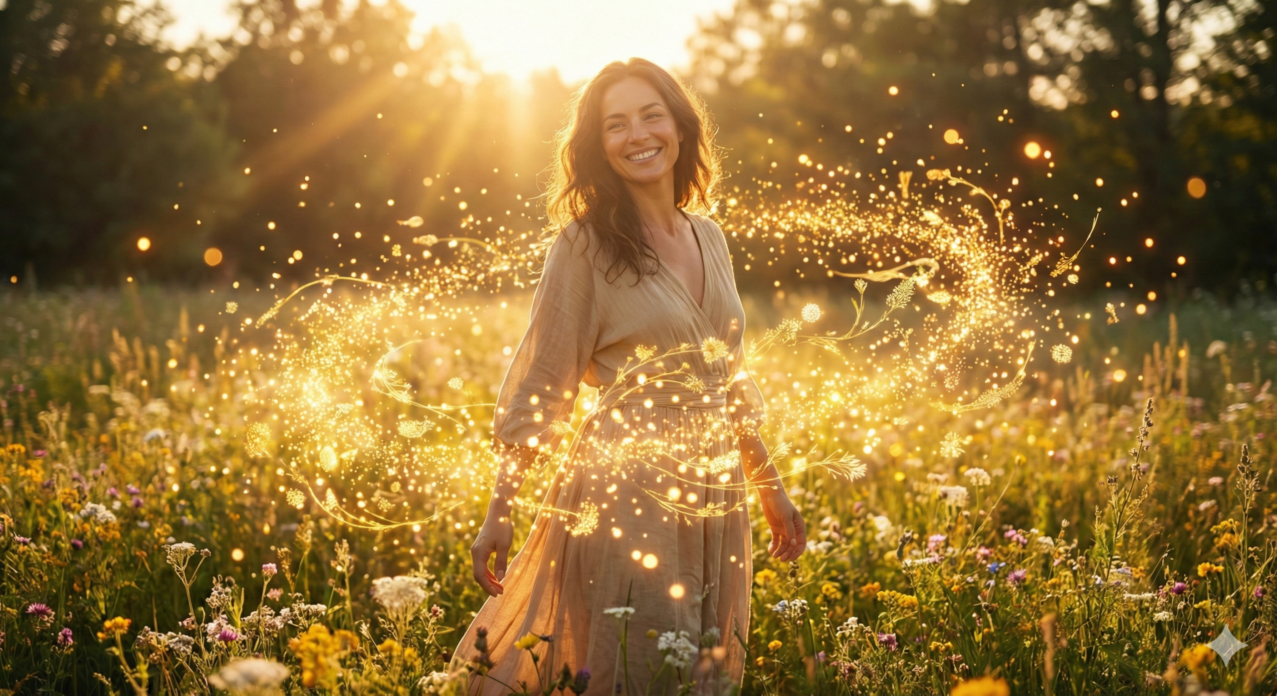 들판에서 장내 미생물의 조화와 세로토닌의 행복감을 만끽하는 지적인 여성