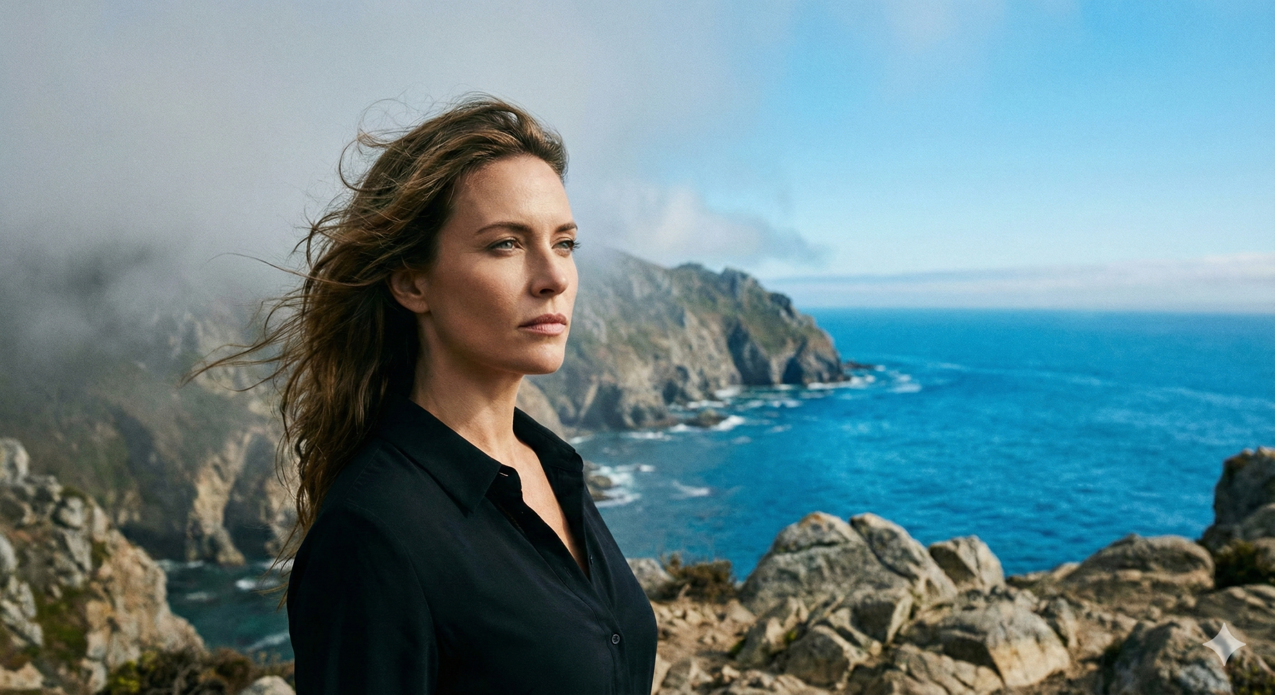 안개가 걷히는 바다에서 브레인 포그를 극복하고 명료함을 되찾은 여성의 모습