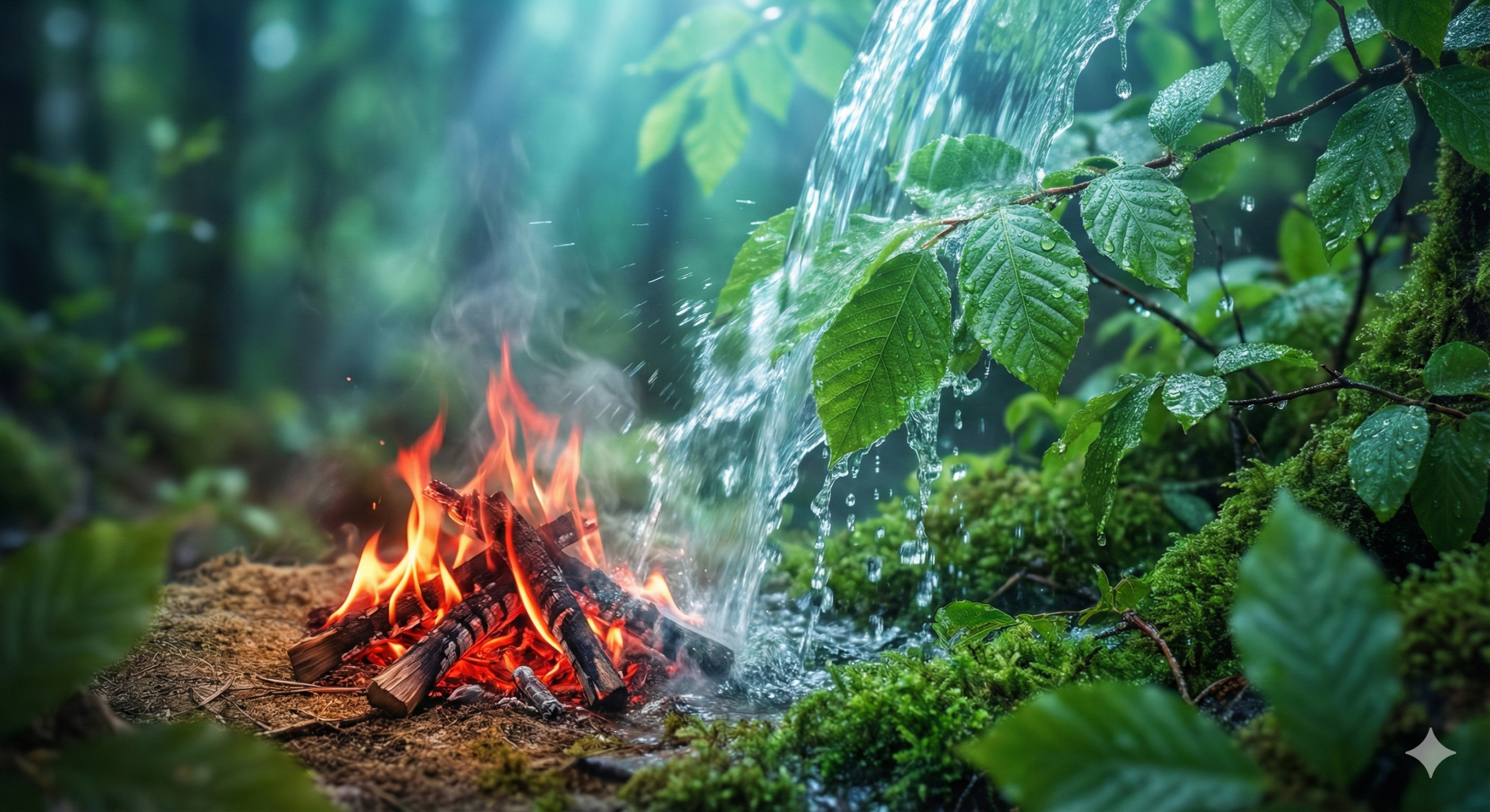 역류성 식도염을 은유적으로 표현하는 타오르는 가슴의 열기를 식혀주는 시원하고 청량한 물줄기와 푸른 숲의 이미지