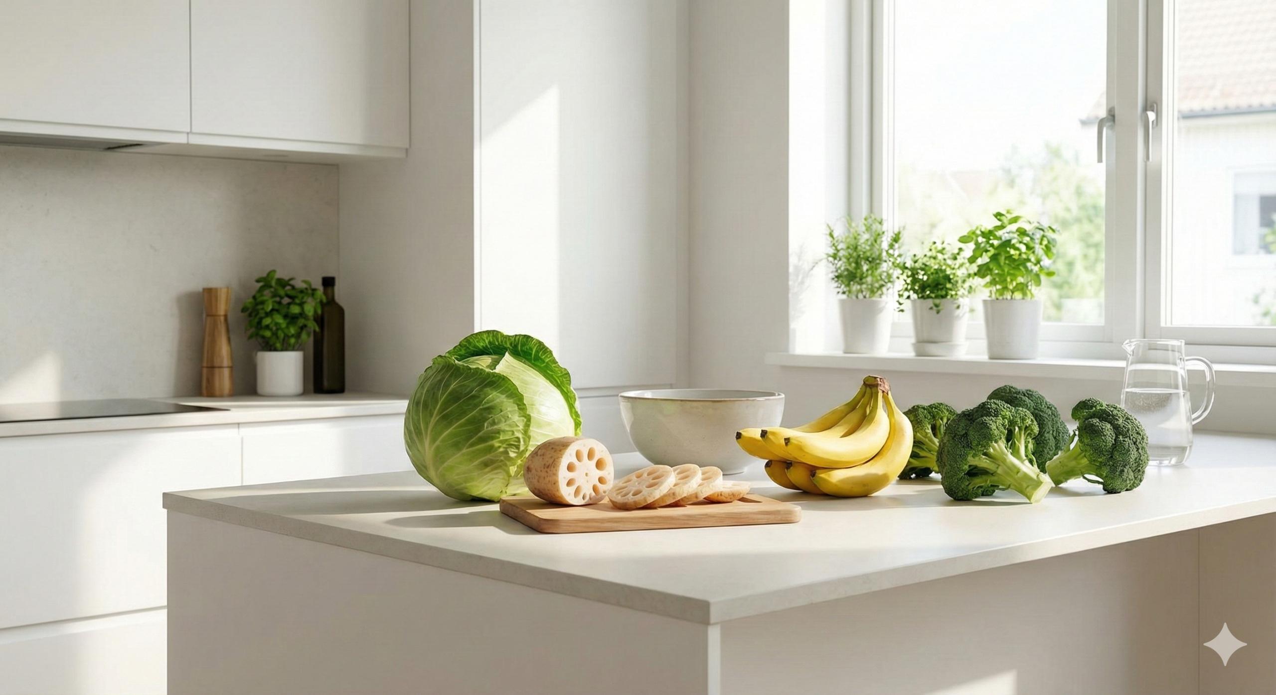 신선한 양배추와 채소를 활용해 식도 건강을 지키는 역류성 식도염 예방 식단이 준비되어 있는 햇살이 드는 창가의 식탁 이미지 