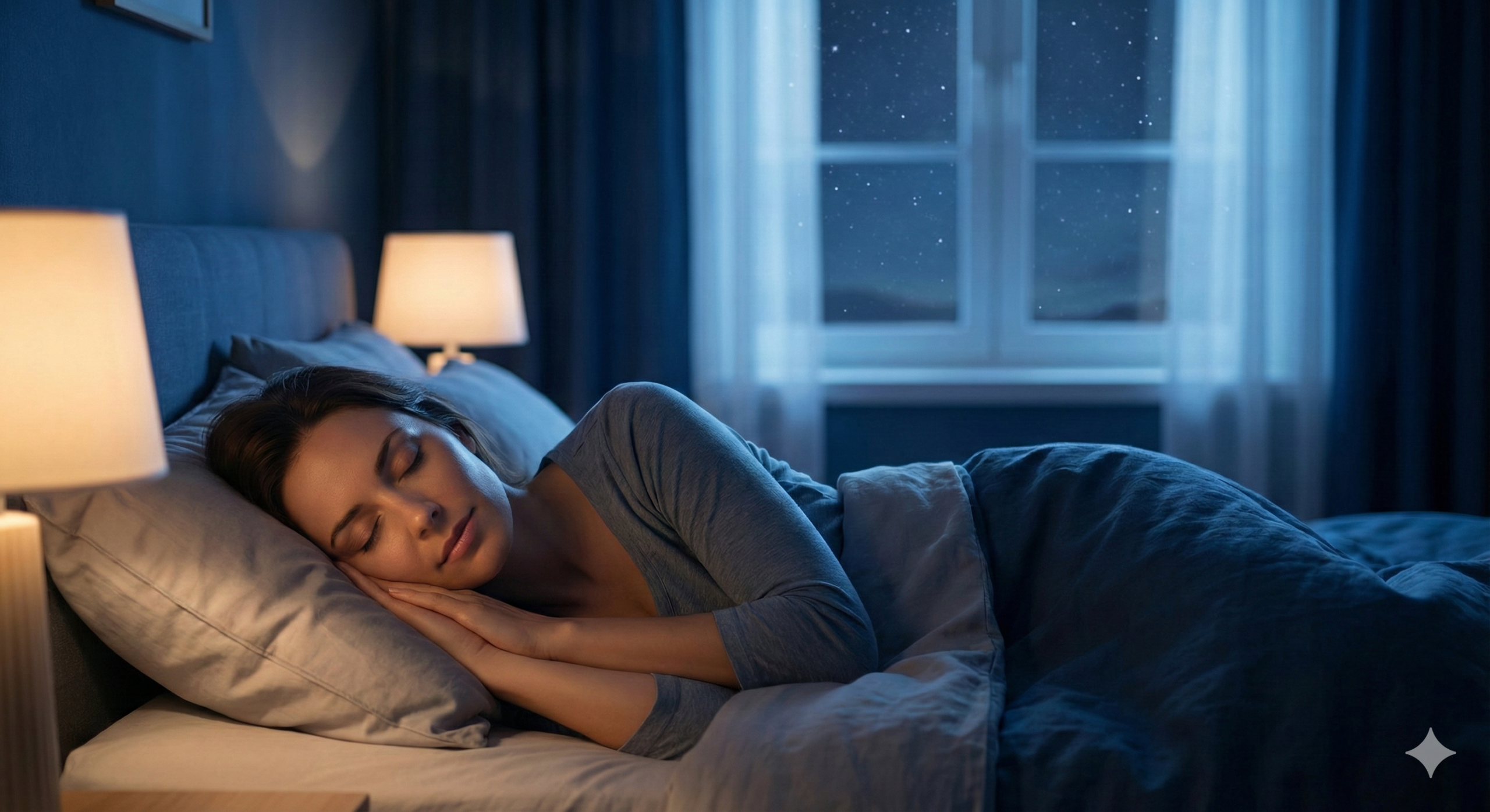 왼쪽으로 눕는 수면 자세를 통해 역류 걱정 없이 평온한 밤을 보내는 여성의 모습. 식후 역류성 식도염 예방을 위하여 가벼운 산책을 통해 위장 배출을 돕고 상쾌한 기분을 만끽하며 숙면을 취하고 있는 지적인 여성