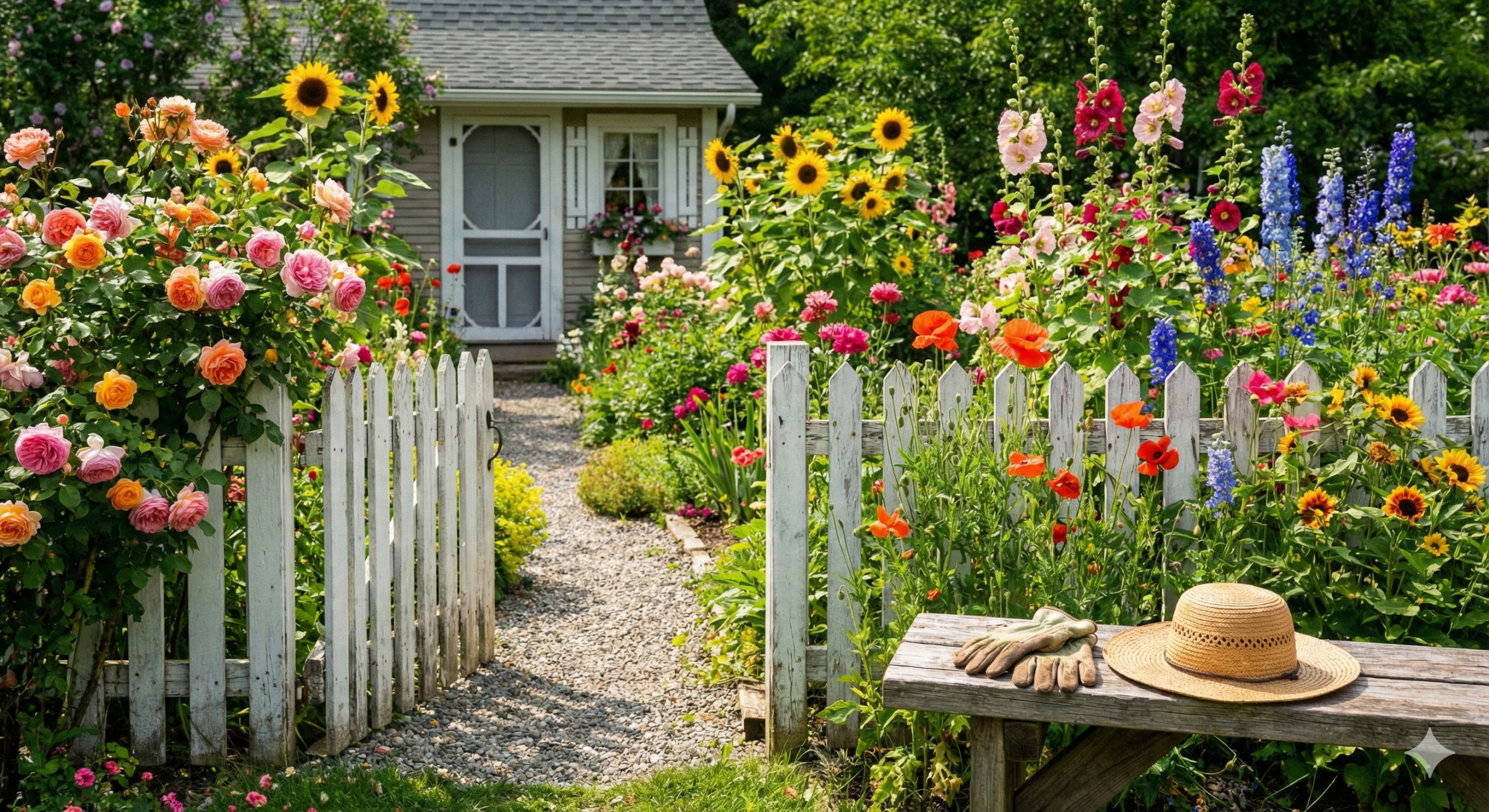 절제와 관리를 통해 되찾은 활기찬 인생 2막을 상징하는 아름다운 꽃 정원. 아름답고 풍성한 꽃이 핀 정원의 여유로운 모습. 되찾은 건강과 활력을 상징합니다.