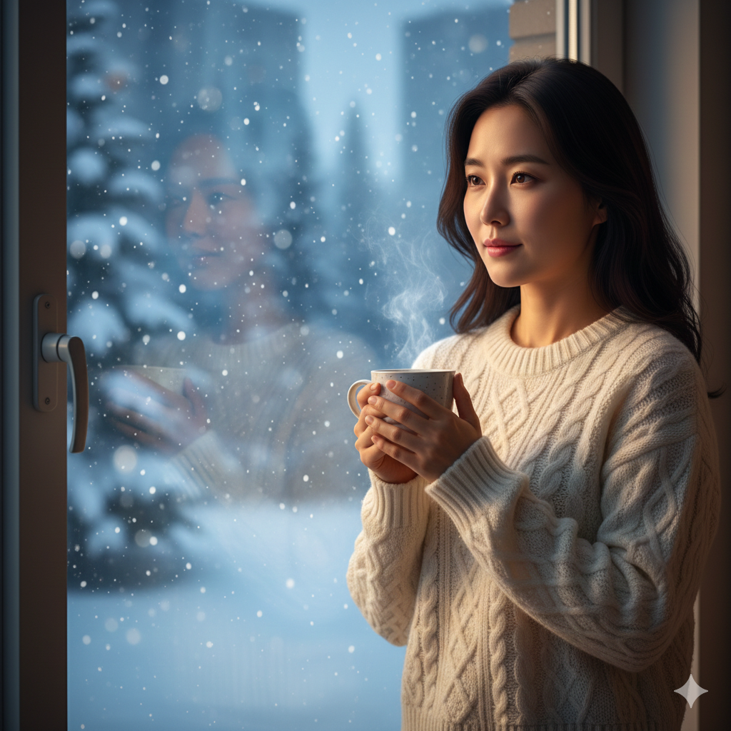 겨울철 창밖을 바라보며 따뜻한 차를 마시는 여성, 노로바이러스 식중독 예방과 면역력 관리