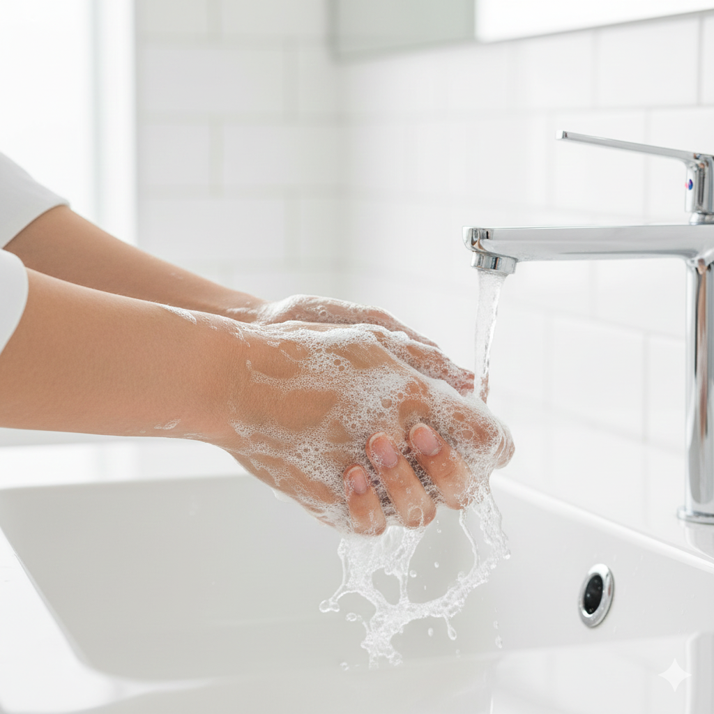 흐르는 물에 비누 거품으로 꼼꼼하게 손을 씻는 모습, 노로바이러스 감염 예방 수칙