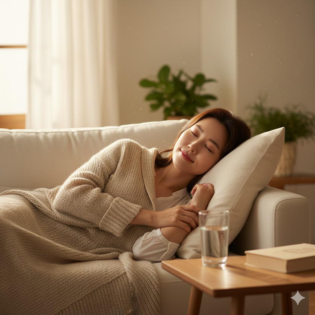 소파에 누워 담요를 덮고 편안하게 휴식하는 모습, 탈수 예방과 면역력 회복