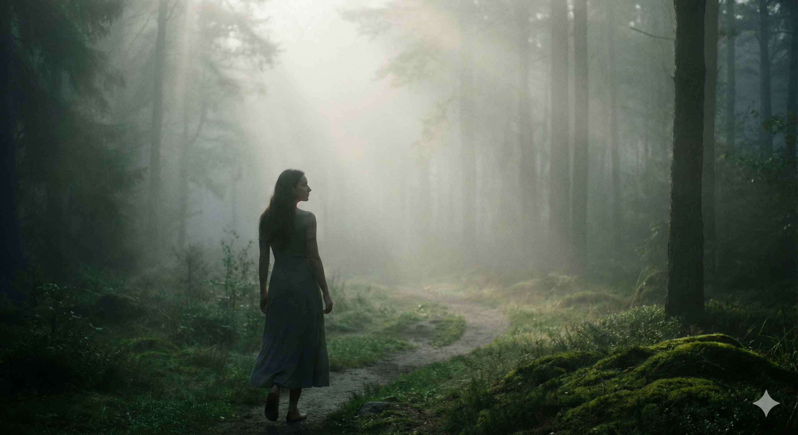 이명 예방을 위하여 고요한 안개 숲을 산책하며 내면의 평화를 찾는 우아한 여성