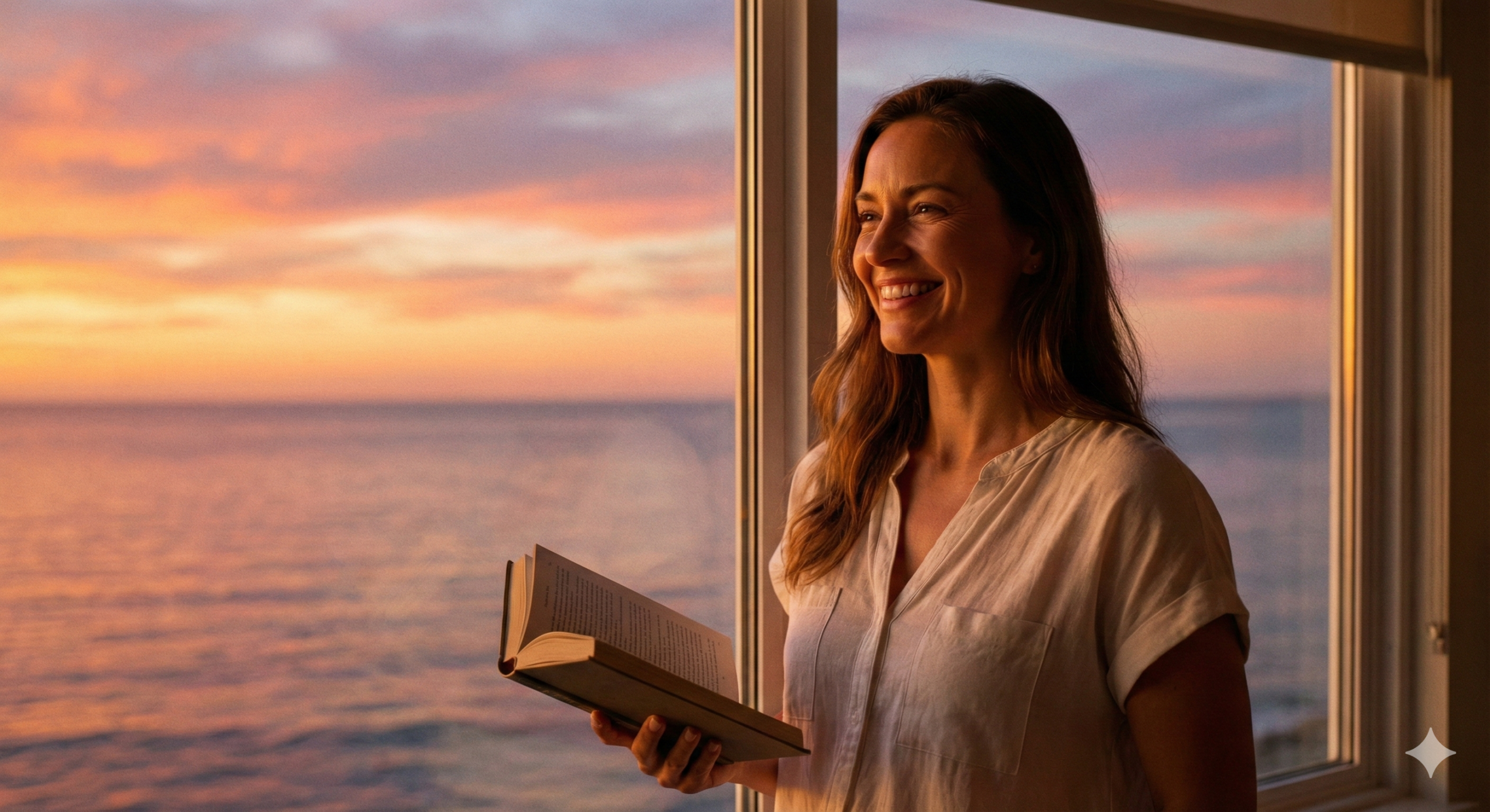 저녁 노을을 바라보며 평온한 일상을 되찾은 행복한 여성의 모습