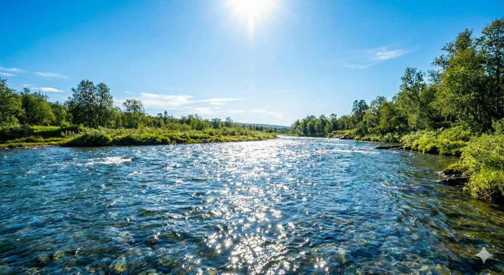 "햇살을 받아 보석처럼 반짝이며 힘차게 흐르는 맑은 강물, 자산이 역동적으로 불어나는 IMA 계좌의 상징"