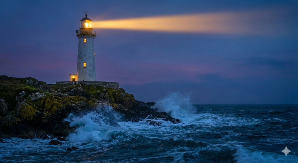 거친 파도 속에서도 굳건하게 빛나는 등대, 위기 속에서도 자산을 지켜주는 IMA의 안전성 은유