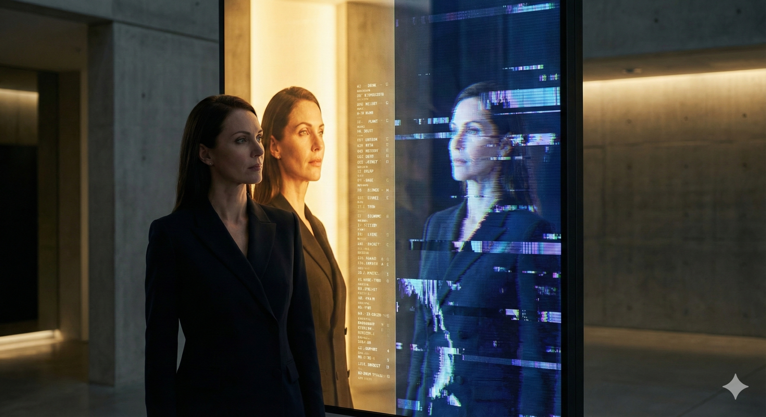 어두운 공간에서 디지털 홀로그램 거울을 통해 진실과 기만 Large Lie Model 의 경계를 응시하는 지적인 여성 모델.