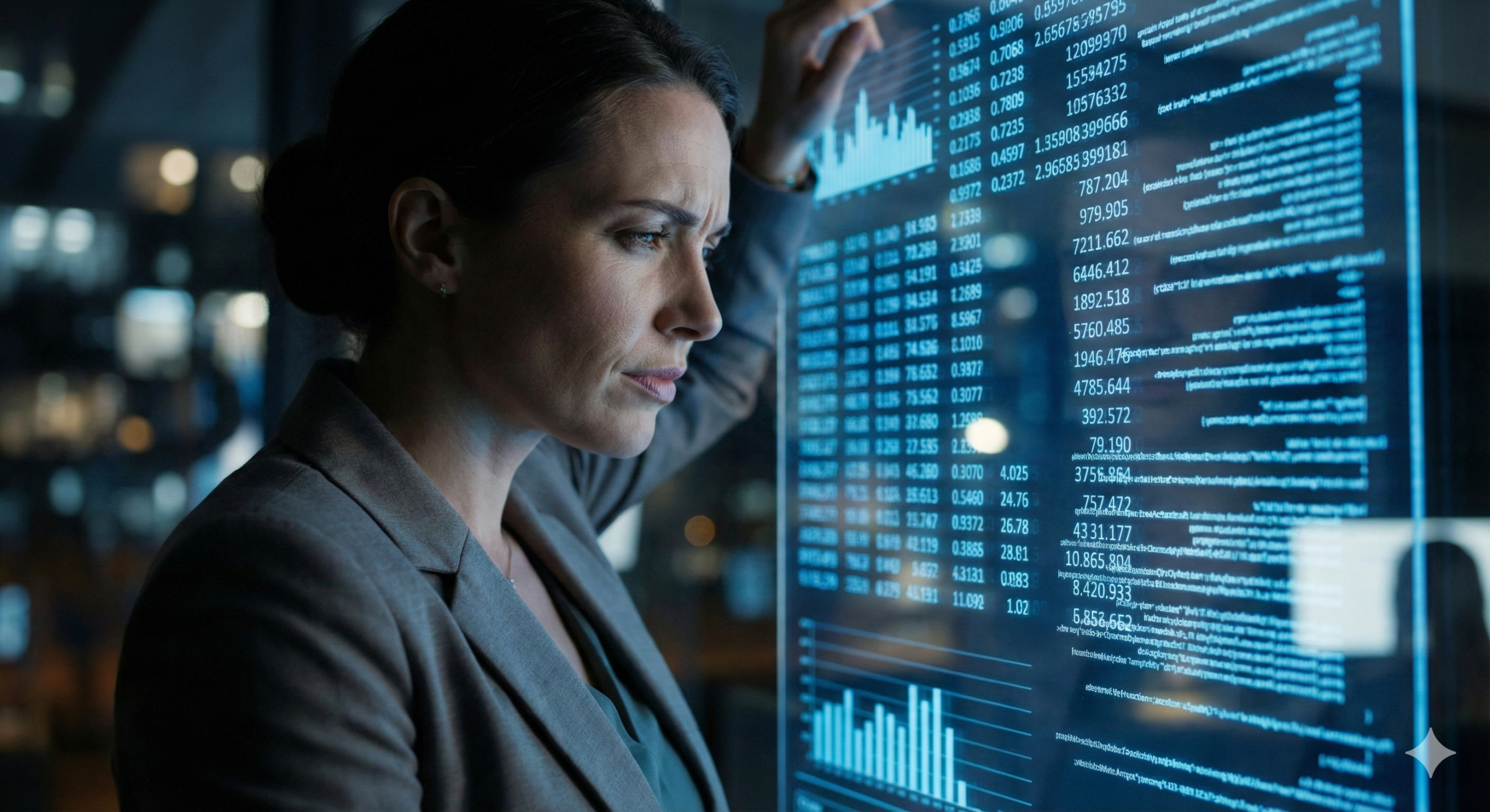 흐르는 디지털 데이터(Large Lie Model) 너머를 비판적인 시선으로 바라보는 우아한 여성의 옆모습