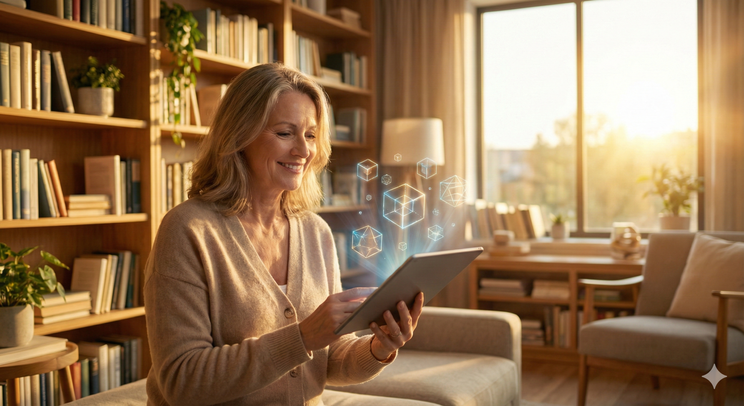 따뜻한 서재에서 태블릿을 통해 데이터 구조(Large Lie Model)를 분석하는 지적인 여성 모델