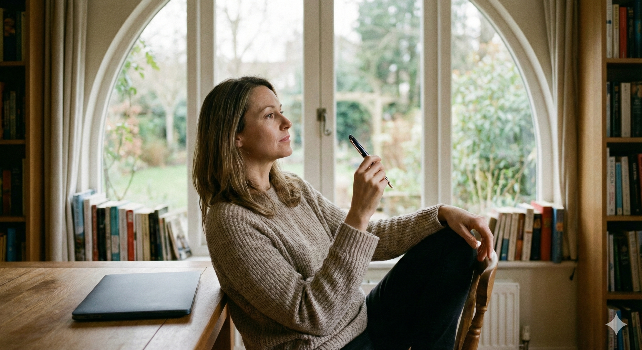 창가에 앉아 사색하며 인공지능 시대를 살아가는 지혜를 고민하는 여성