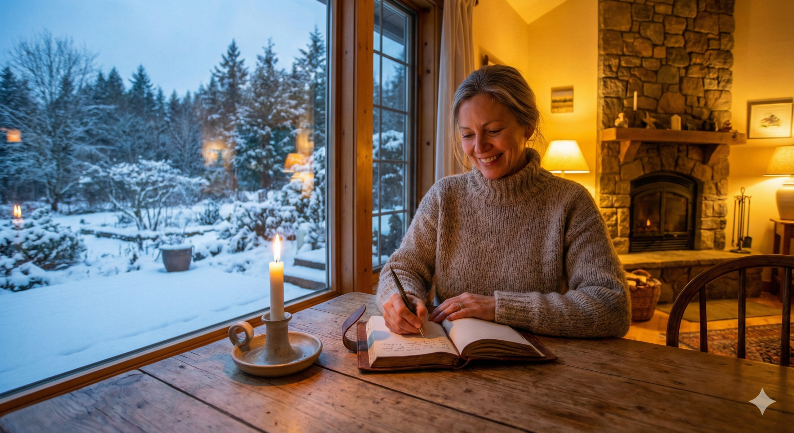 겨울 풍경을 배경으로 따뜻한 촛불 아래 정직한 기록을 남기는 우아한 여성