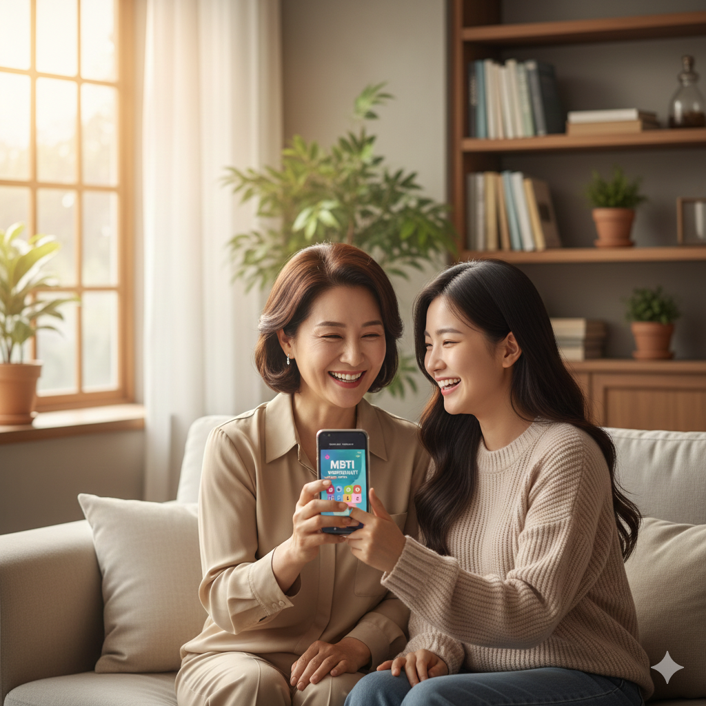 MBTI 검사를 통해 딸과 웃으며 소통하는 중년 엄마의 모습