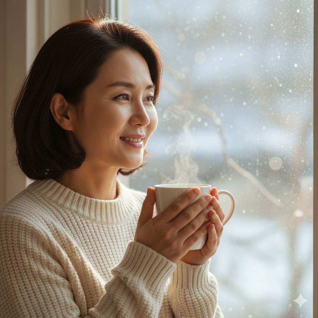 따뜻한 차 한 잔과 함께 자녀를 생각하는 중년의 여유