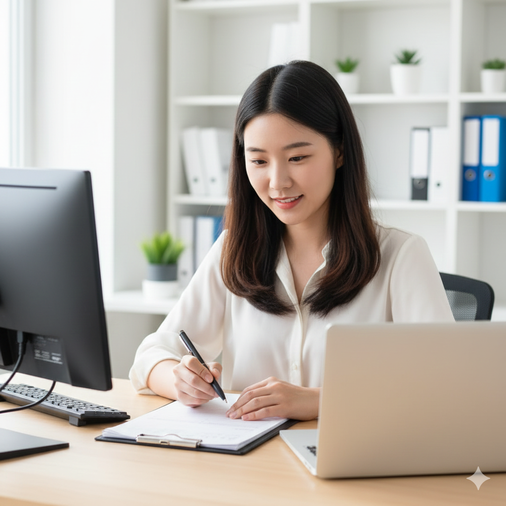 식탁 교육을 제대로 받은 자녀의 건강한 사회 생활을 상징하는 미소 지으며 업무를 보는 청년 여성 이미지