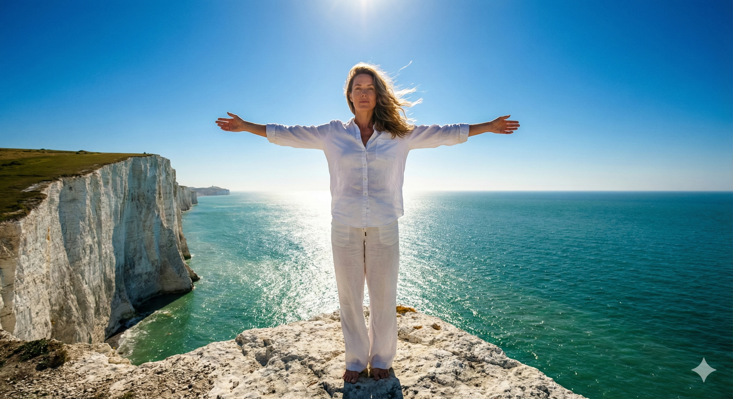 골다공증 예방과 뼈 건강을 위해 햇살 아래 꼿꼿하고 당당하게 서서 활기찬 인생 2막을 맞이하는 지적인 여성의 모습