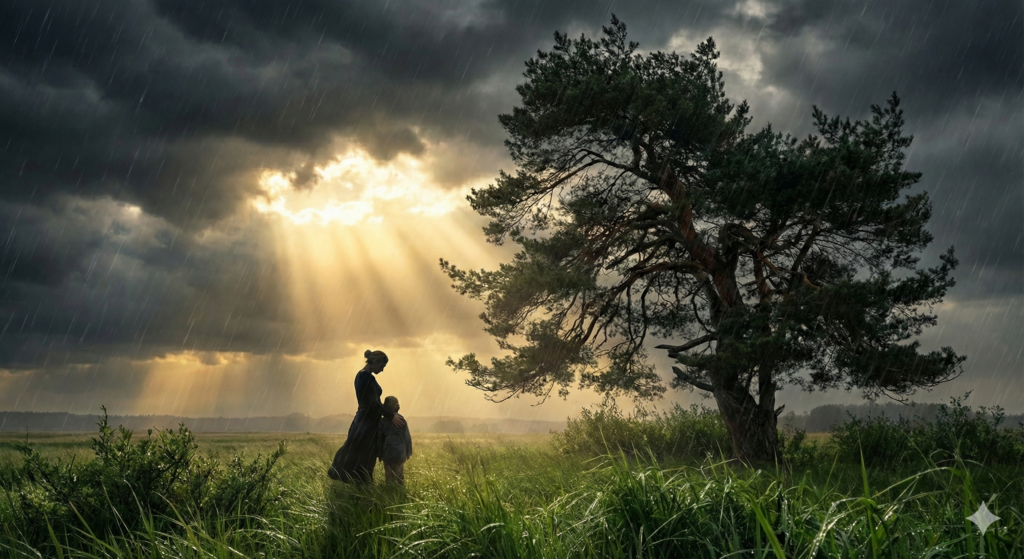 거친 비바람에도 흔들리지 않는 굳건한 소나무와 부모의 단단한 사랑