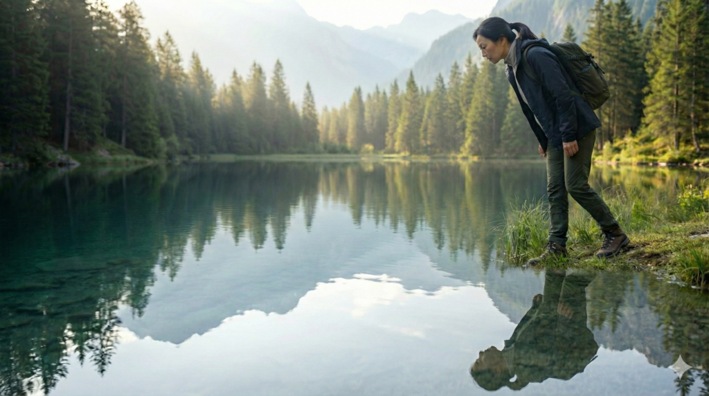 맑고 고요한 숲속 호수에 비친 자신의 얼굴을 바라보는 중년 여성