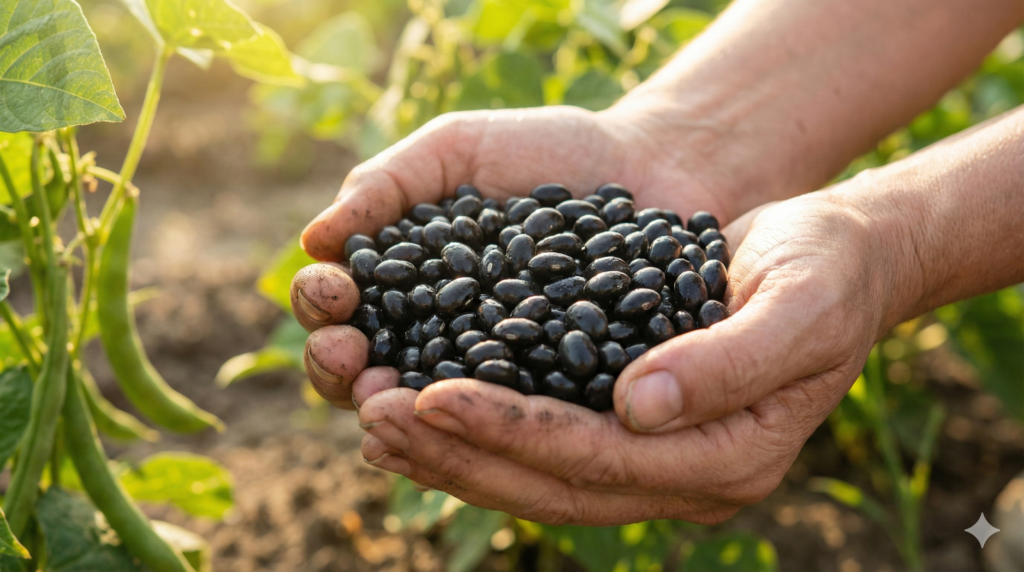두 손을 모아 그 안에 갓 수확한 근육에 좋은 검은콩(서리태)을 한 가득 담고 있습니다.