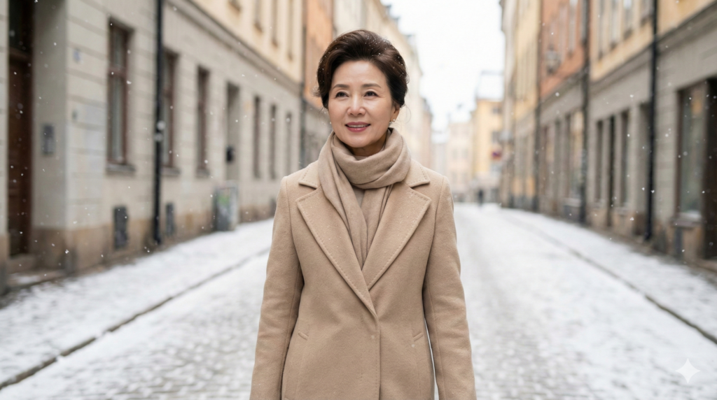 겨울철 눈 내리는 거리에서 코트를 입고 자신감 있게 미소 짓는 지적인 중년 여성