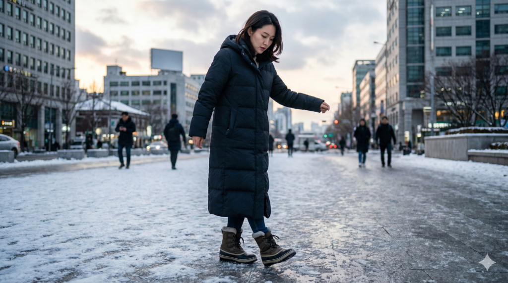 빙판길을 조심스럽게 확인하며 걷고 있는 중년 여성의 전신 모습