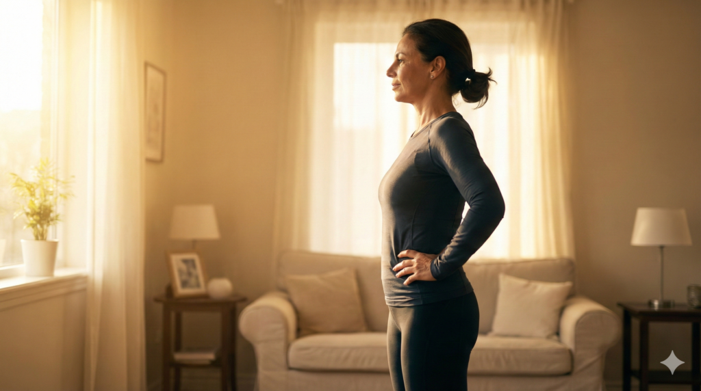 햇살이 비치는 거실에서 허리를 펴고 바른 자세로 균형을 잡고 서 있는 건강한 중년 여성