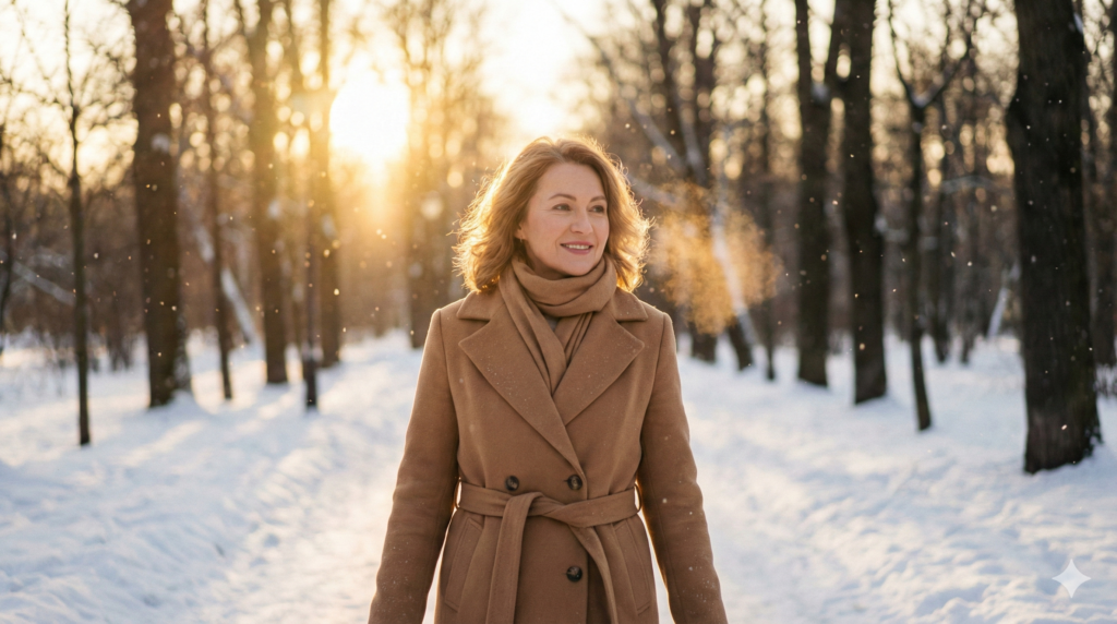 해질 무렵 따뜻한 노을을 받으며 눈 덮인 공원 길을 산책하는 우아한 중년 여성의 모습