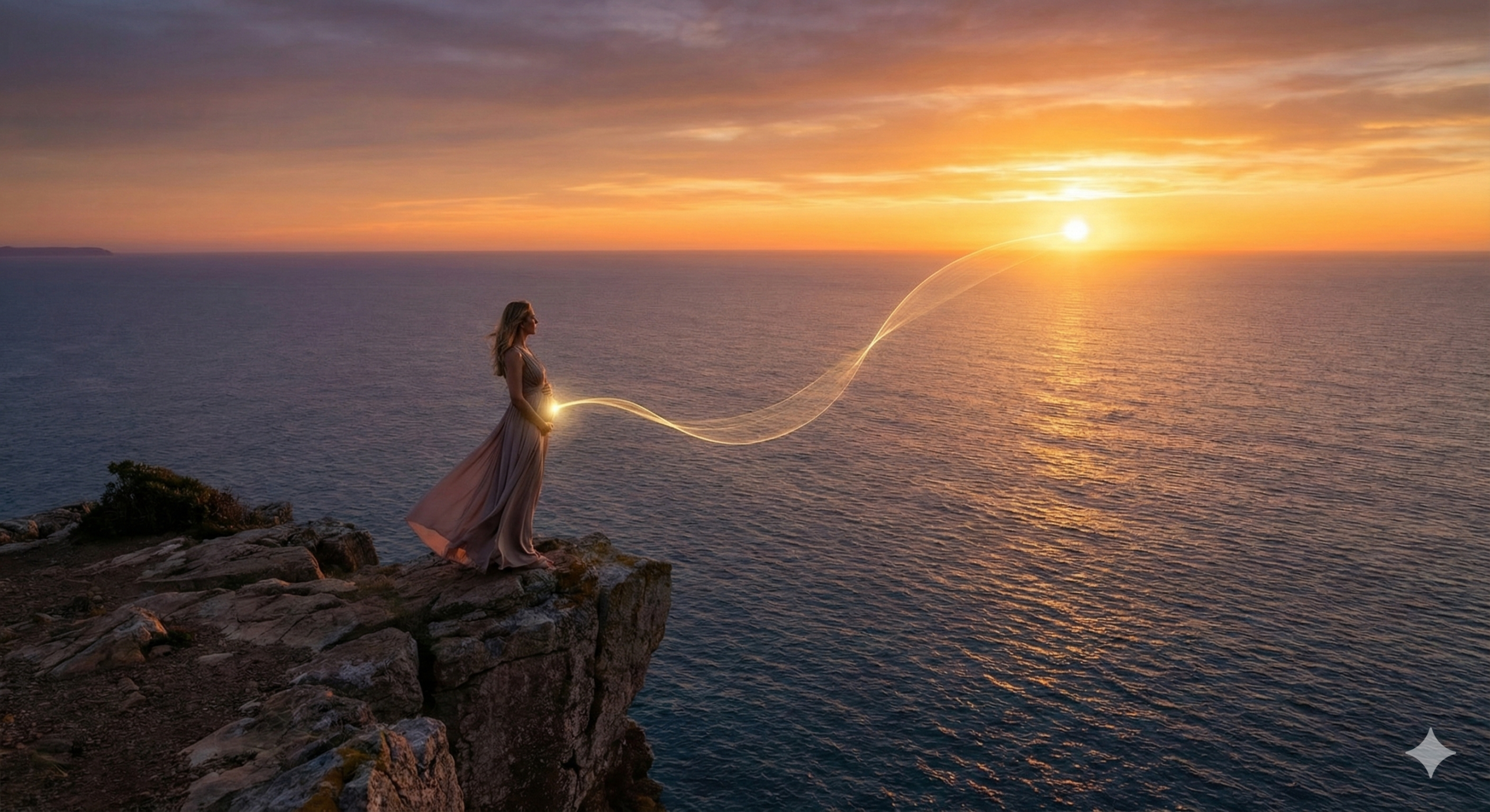 장-뇌 축의 장엄한 연결을 상징하는 해안 절벽 위의 지적인 여인과 황금빛 일출