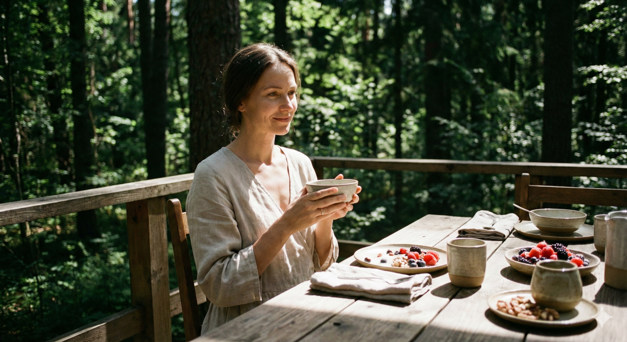 자연 속 야외 테라스에서 장 건강과 뇌 활력을 위한 식단을 즐기는 우아한 여인