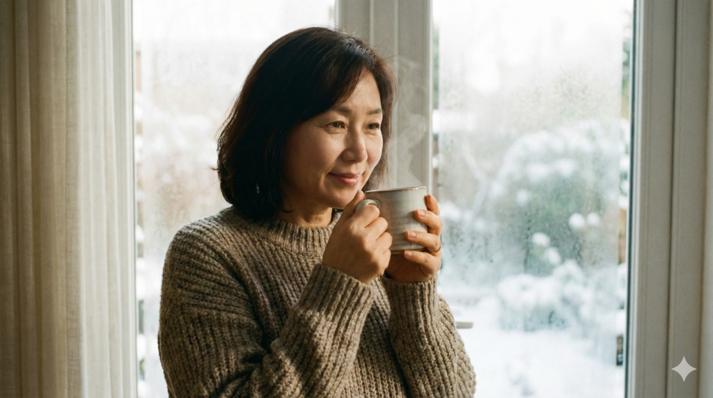 따뜻한 집 안에서 뇌졸증 예방을 위하여 차를 마시며 편안하게 미소 짓는 중년 여성의 겨울 일상