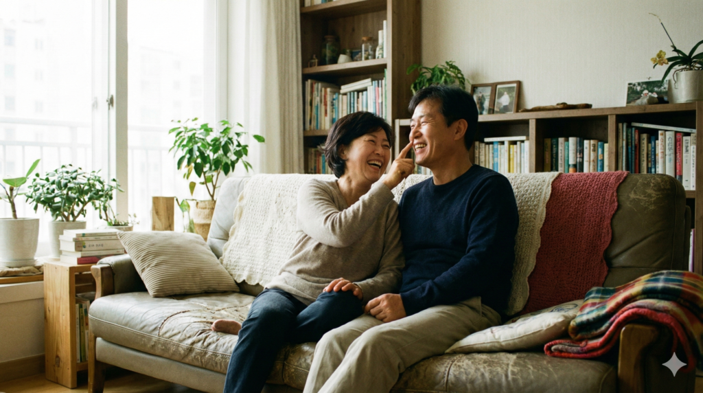 거실 소파에 앉아 서로 뇌졸중 전조 증상을 확인을 위해 마주 보며 환하게 웃는 얼굴을 확인하는 부부