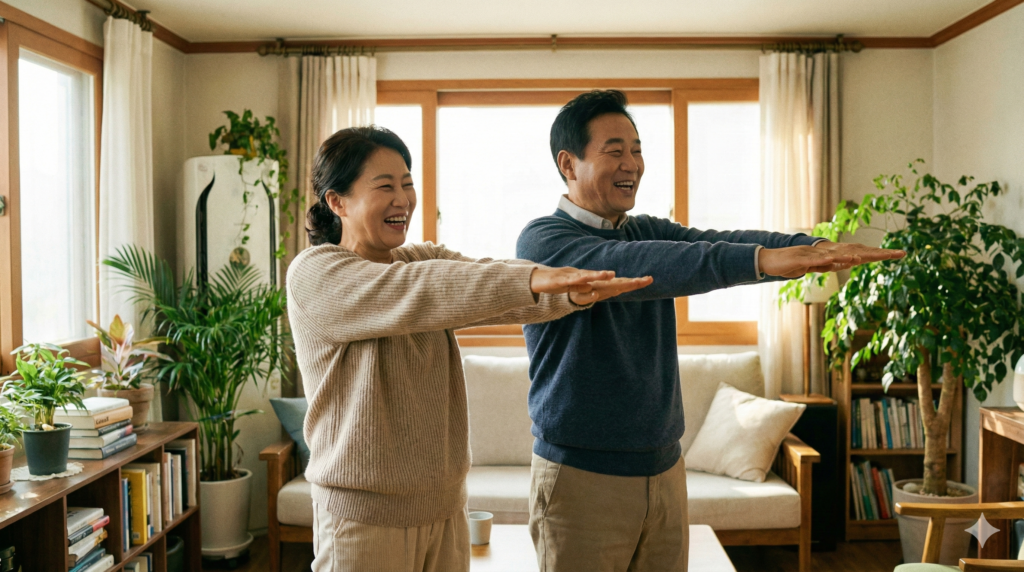 실내에서 나란히 서서 양팔을 앞으로 뻗어 균형 감각, 뇌졸중 전조 증상을 확인하는 부부의 모습