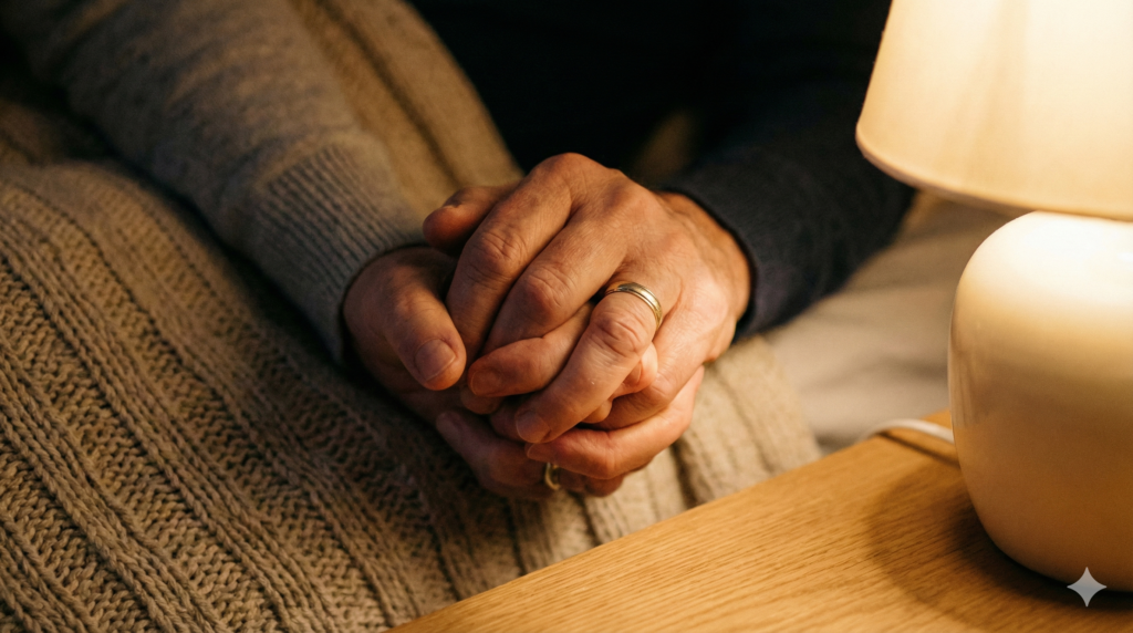 서로의 손을 꼭 맞잡고 악력을 뇌졸중 전조 증상 확인하며 온기를 나누는 부부의 손 클로즈업