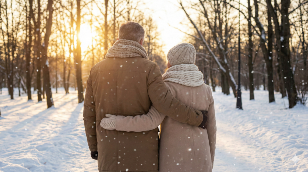 눈 내리는 공원에서 부부가 다정히 석양을 바라보는 뒷모습 이미지.