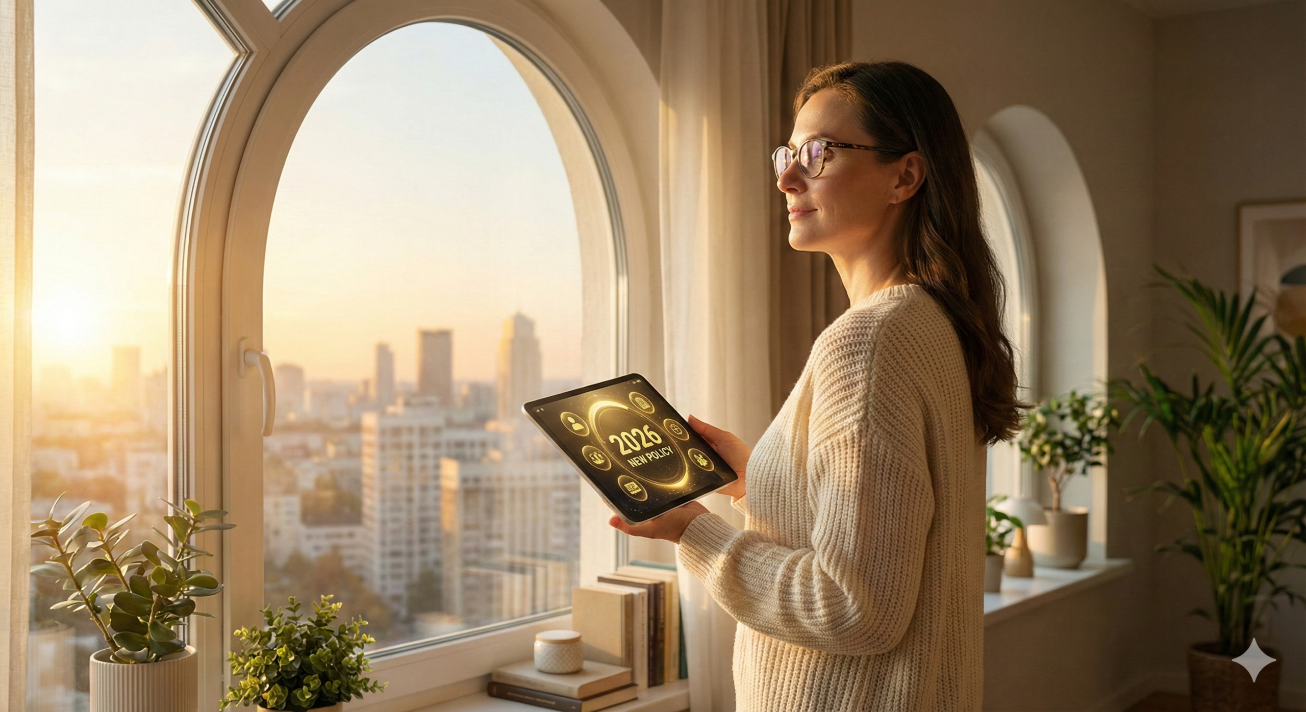 정부 민생 환급 지원대책을 확인하며 밝은 미래를 응시하는 지적인 여성 모델.