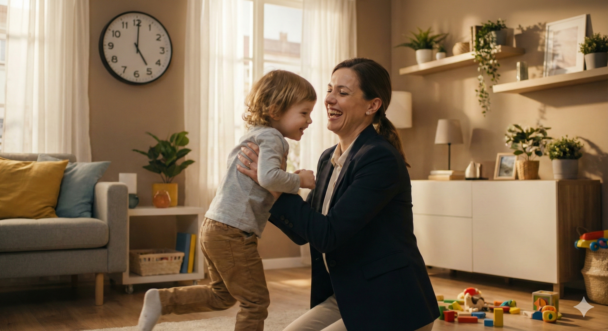 민생 경제 환급 지원으로 단축 근무 제도를 통해 아이와 더 많은 시간을 보내며 행복해 하는 한국인 여성 모델