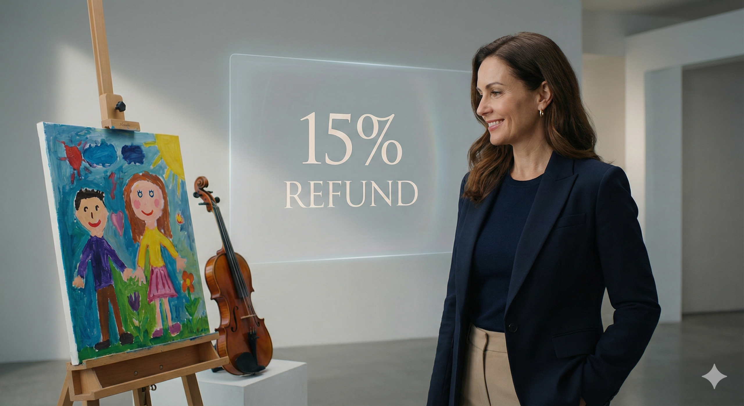 자녀의 예체능 교육비 환급 혜택으로 미소 짓는 한국인 여성