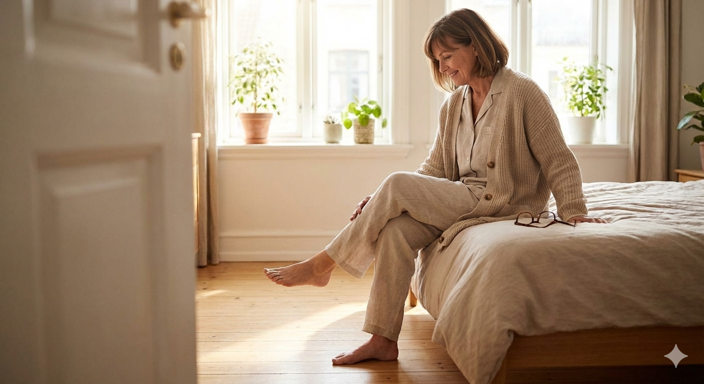햇살 가득한 아침, 족저근막염 통증 없이 편안하게 첫발을 내딛는 지적이고 우아한 중년 여성.