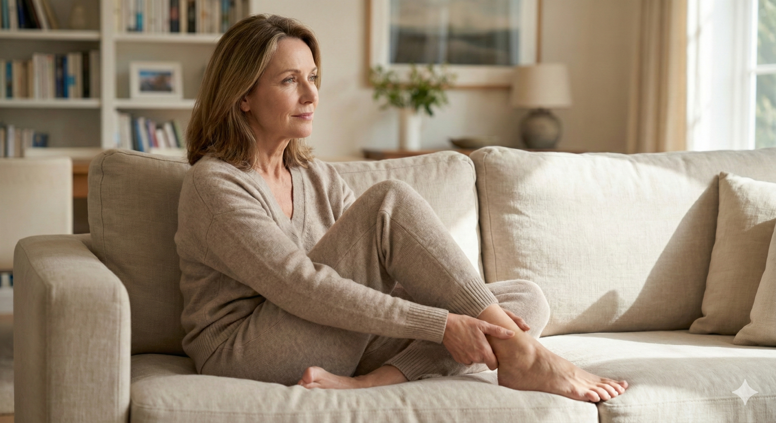 편안한 소파에 앉아 자신의 발바닥 통증 원인('족저근막염')을 차분하게 생각하며 발을 마사지하는 지적이고 우아한 여성