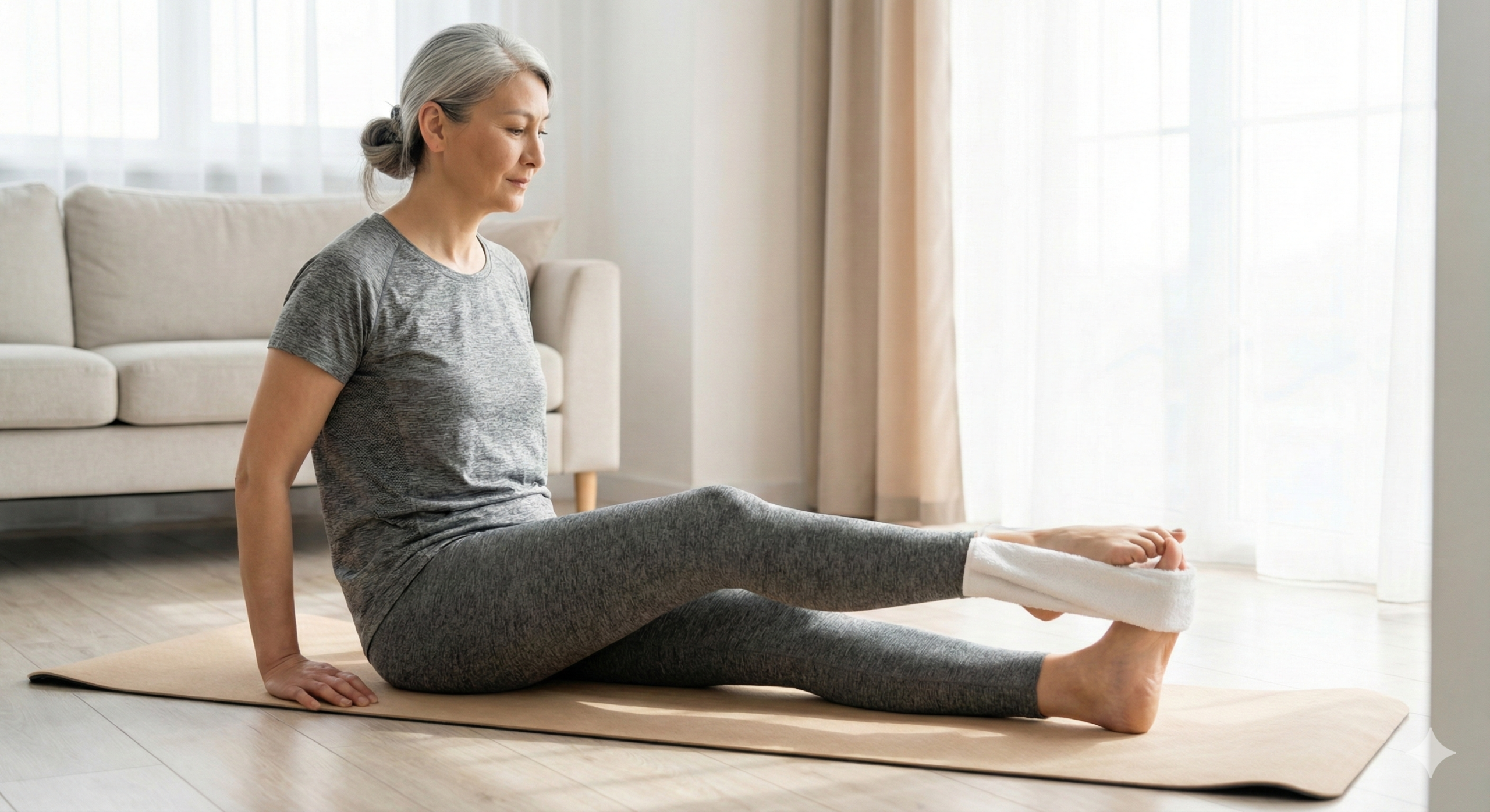 수건을 활용하여 발바닥 아치와 종아리를 우아하게 스트레칭하며 아침을 여는 지적인 여성