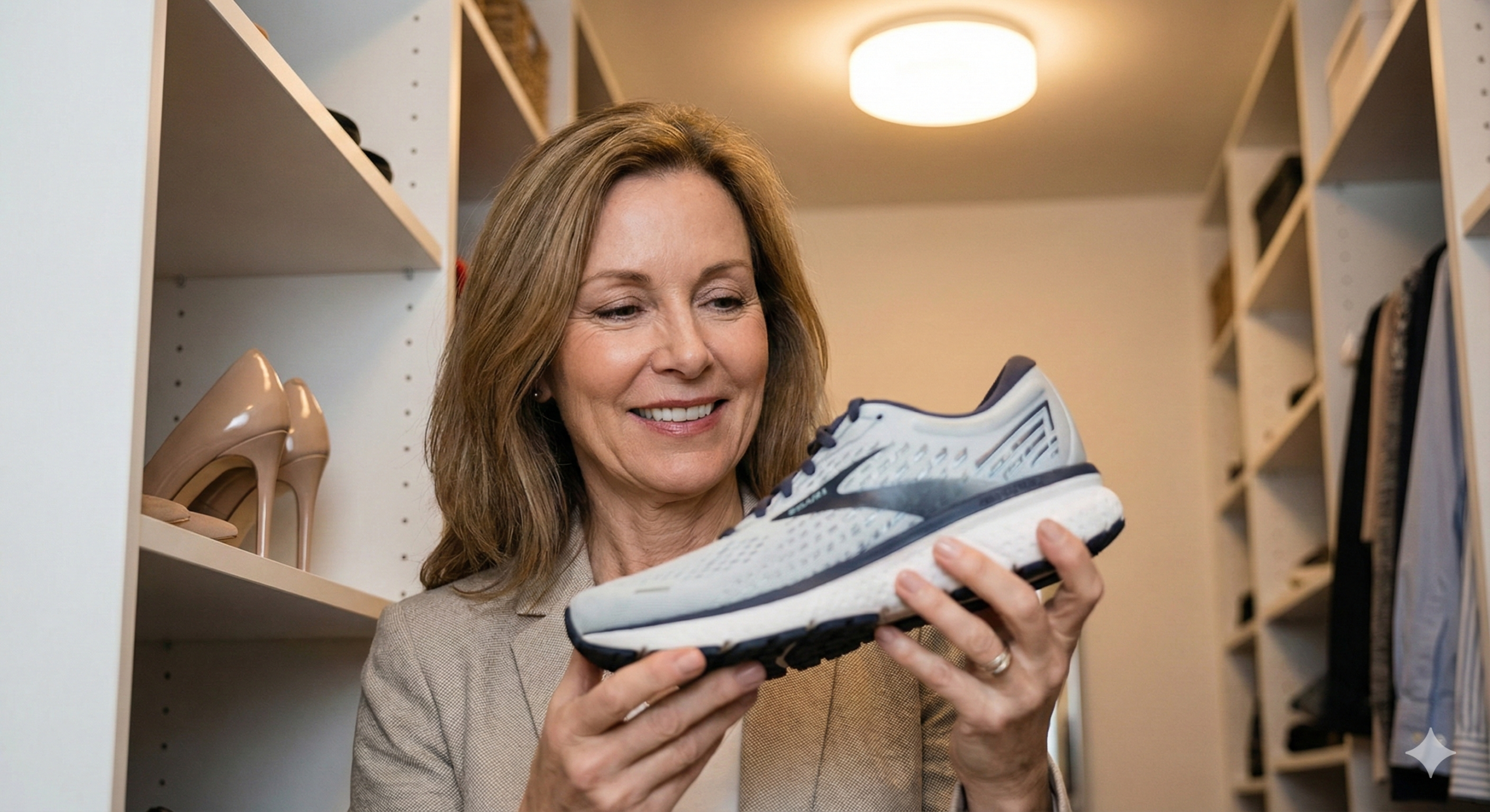 발 건강을 위해 하이힐 대신 쿠션이 좋은 편안한 신발을 현명하게 선택하는 세련되고 지적인 여성