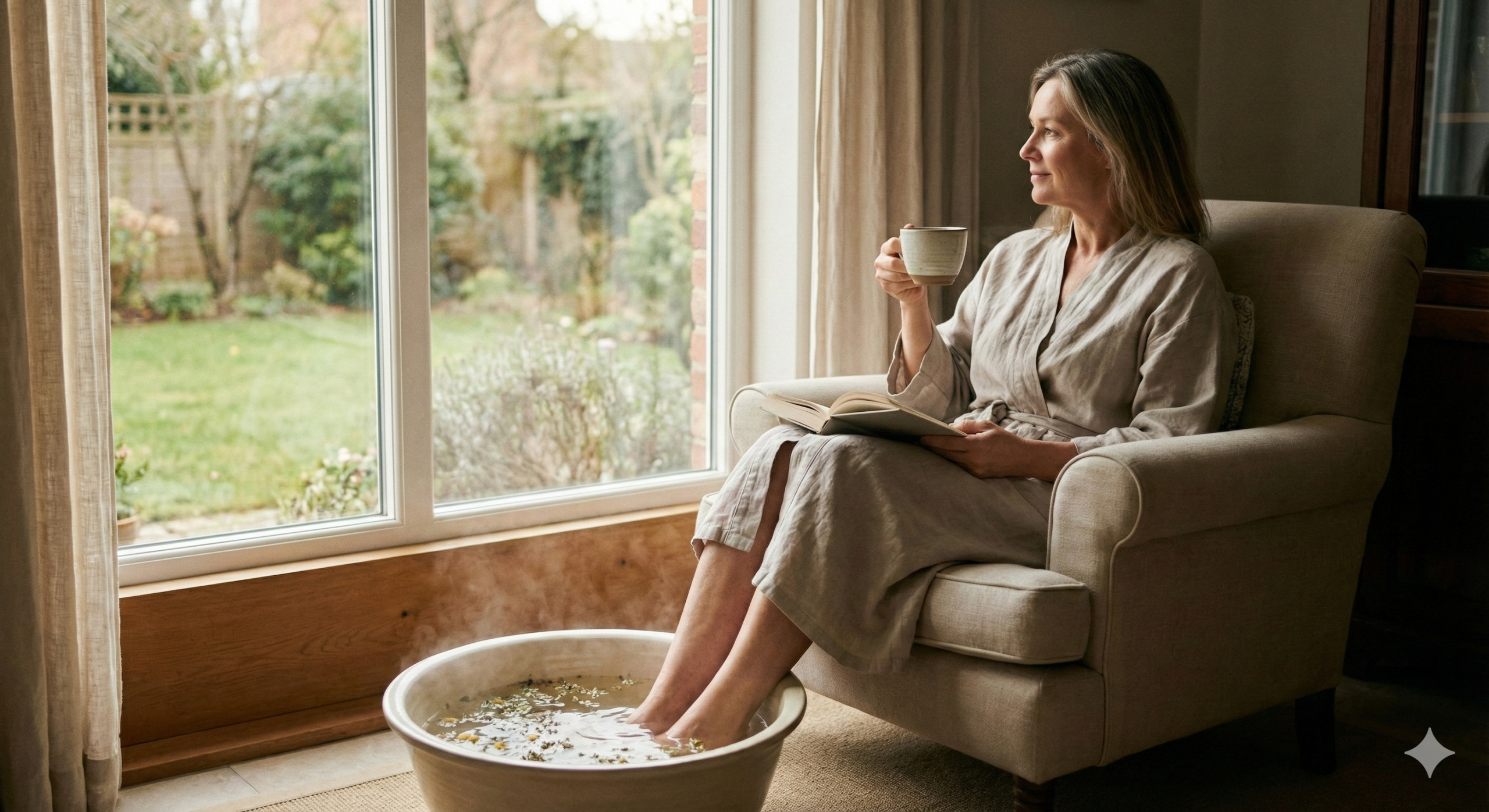따뜻한 족욕으로 발의 피로를 풀며 평온한 차 한 잔의 휴식을 즐기는 지적인 여성